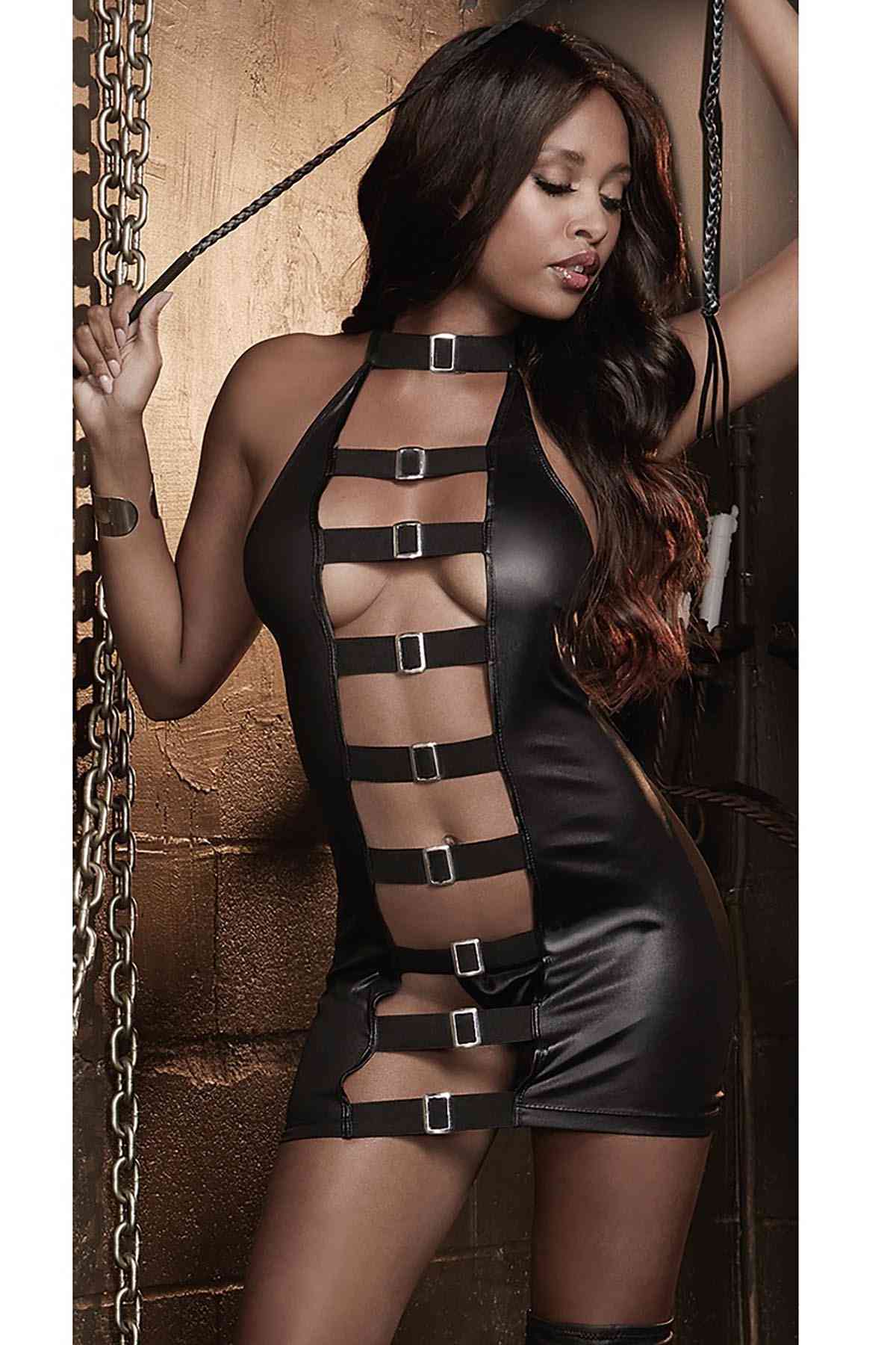 Siyah Deri Seksi Elbise MS9377