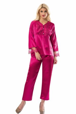 Dantelli Fuşya Saten Çeyizlik Pijama Takımı ST1595
