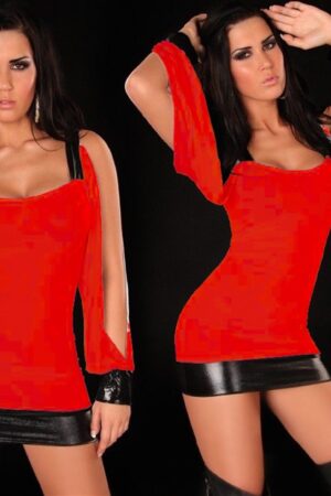 Kırmızı Fantezi Seksi Deri Detaylı Mini Elbise TP100997