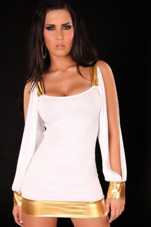 Beyaz Fantezi Seksi Gold Deri Detaylı Mini Elbise TP100985