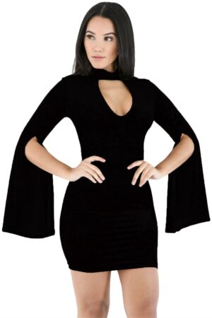 Siyah Fantezi Seksi Kesik Kol Tasarımlı Mini Elbise TP101395