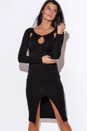Siyah Fantezi Seksi Yırtmaçlı Uzun Kollu Mini Elbise DTP101203
