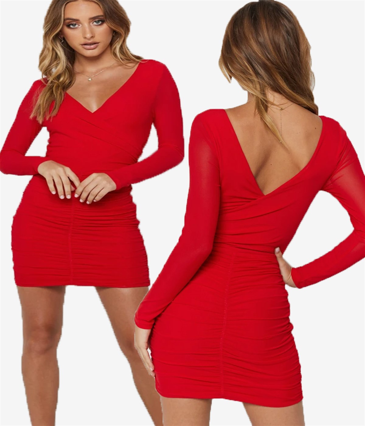 Kırmızı Seksi Büzgülü Mini Straplez Elbise TP101539