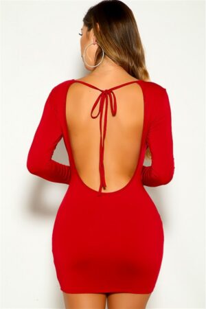 Kırmızı Uzun Kollu Sırt Dekolteli Straplez Mini Elbise TP101591