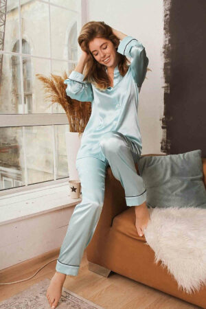 Mavi Saten Biye Detaylı Pijama Takımı MS2334
