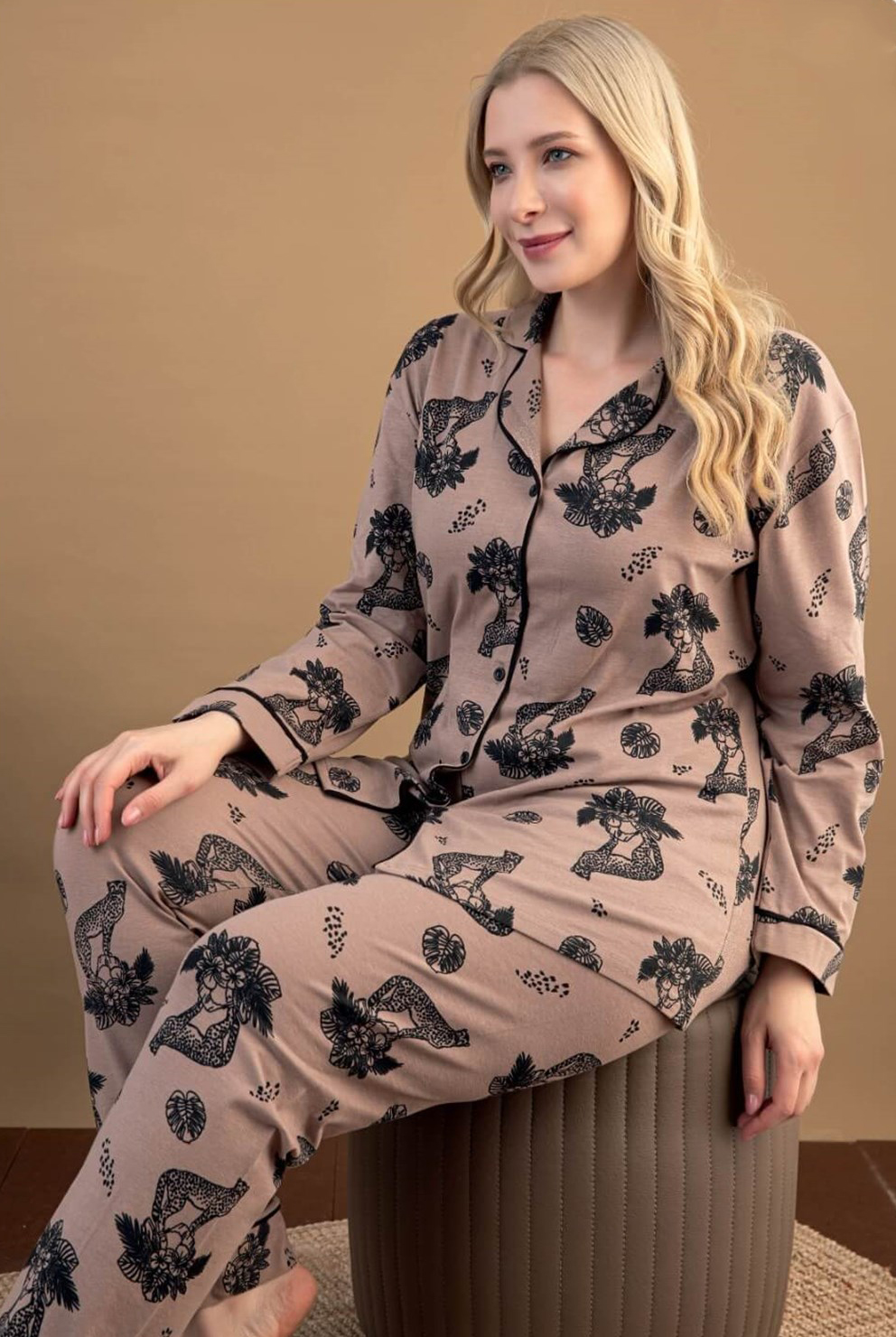 Kadın Büyük Beden Leopar Figürlü Pijama Takımı AC-K-288