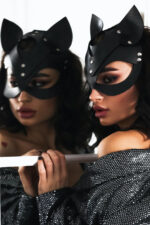 Siyah Deri Kedi Kız Fantezi Seksi Maske FH7008