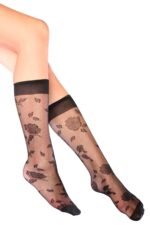 Siyah Çiçek Desenli İnce Dizaltı Kadın Çorabı 3000098