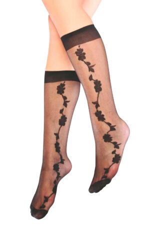 Siyah Çiçek Desenli İnce Diz Altı Kadın Çorabı 3000101