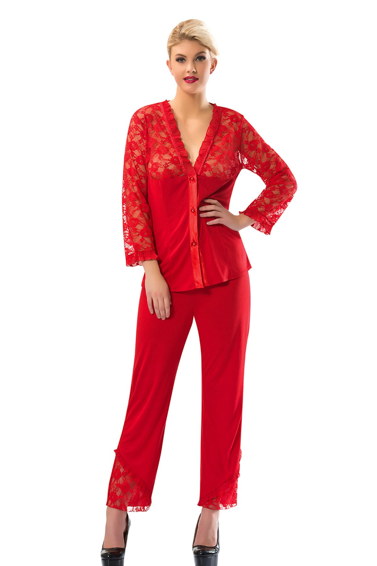 Dantelli Çeyizlik Kırmızı Pijama Takımı 1570